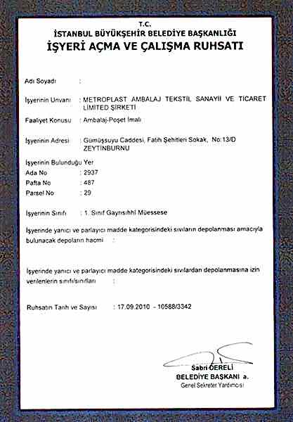 İşyeri Açma ve Çalıştırma Ruhsatı